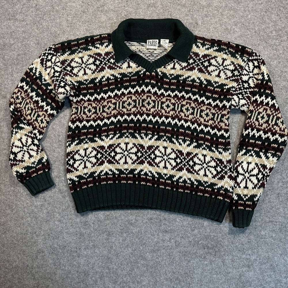 Paris Sport Club Vintage Fair Isle Sweater Medium Green Multi‎ Ramie Cotton Knit